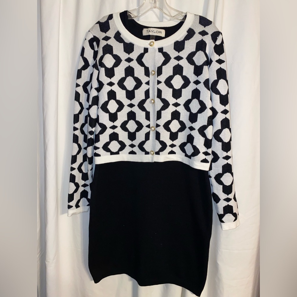 Taylor 2 Pc Black Sweaterdress Black White Geometric Print Button Cardigan Sz M